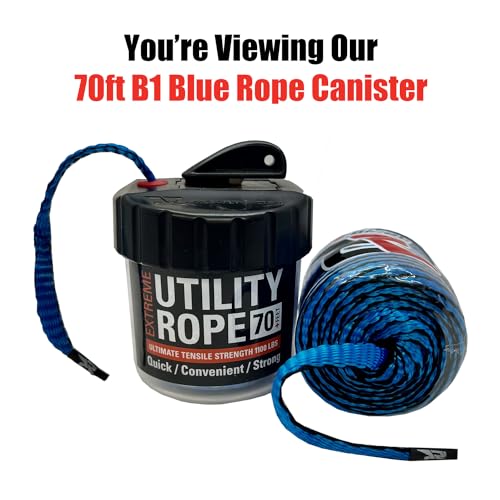 Rapid Rope Canister 70ft B1 Blue Flat Tactical Paracord, Made in USA, 1100lb Tested Heavy Duty Poly Rope Test Cord, Non-Tangle Dispenser Included - Hiking, Camping, Survival, Utility, Climbing