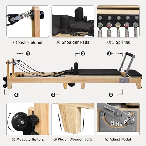 Folding Pilates Reformer Machine-Home Pilates Reformer Wooden Yoga Fitness Equipment Pilates Reformer Workout Machine for Home Gym with Reformer Accessories, Pilates Reformer Box, Pilates Jump Board