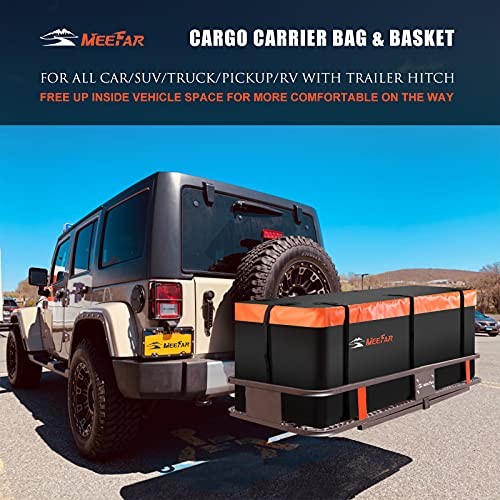 MeeFar Folding Hitch Mount Cargo Carrier Basket 60" X 20" X 6"+Waterproof Cargo Bag 16 Cubic Feet(58" 19" 24"),Hauling Weight Capacity of 500 Lbs and A Folding Arm.with Hitch Stabilizer,Net and Straps