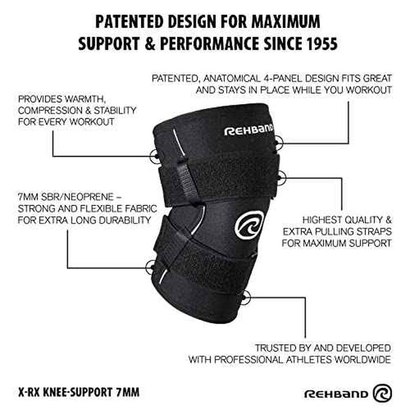 Rehband X-RX Knee Support with Straps, 1 piece, strong knee sleeve 7mm neoprene for heavyweight workouts, weightlifting & strongman, Colour:Black, Size:Medium