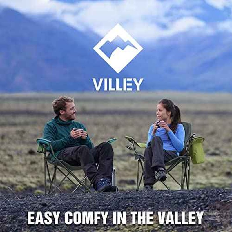 VILLEY Camping Chair, Oversized Folding Camp Chair, Portable Outdoor Chairs Support 400 LBS with Padded Seats, Cooler Bag, Cup Holder, Carry Bag, Green