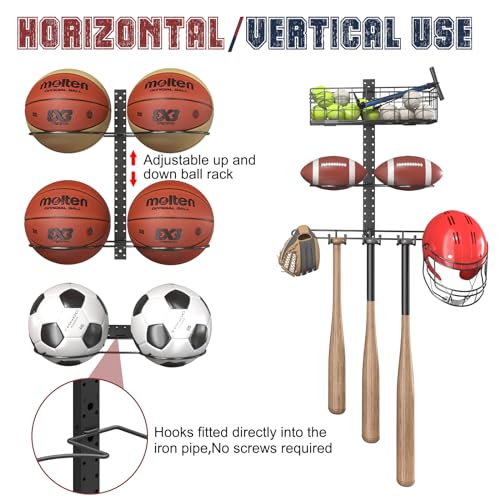 8 Tier Detachable Wall Mounted Basketball Rack,DIY Vertical/Horizontal Football Holder,Height-Adjustable Multifunctional Ball Rack Sports Equipment Organizer with Basket for Ball Storage Garage