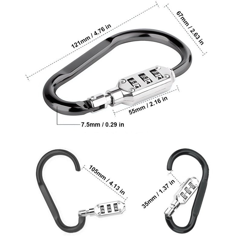 Kigauru D Shaped Code Lock Aluminum Carabiner Multifunctional Black Lock Carabiners with Spring Rope for Looped Bike Security Cable Lock Fence Lock Outdoor Lock