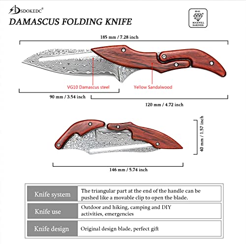 SDOKEDC Damascus Steel Folding Knife Tactical Military Pocket Knife Yellow Sandalwood Handle Mechanical Lock Outdoor Camping Survival Hunting Self Defense Multitool (Curved blade)