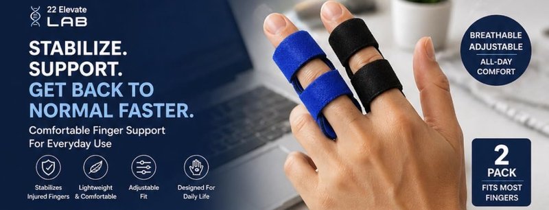 22 Elevate Lab (2 sizes) Finger Splints – Comfortable, Adjustable, Reusable Finger Support for Everyday Use – 2 Count