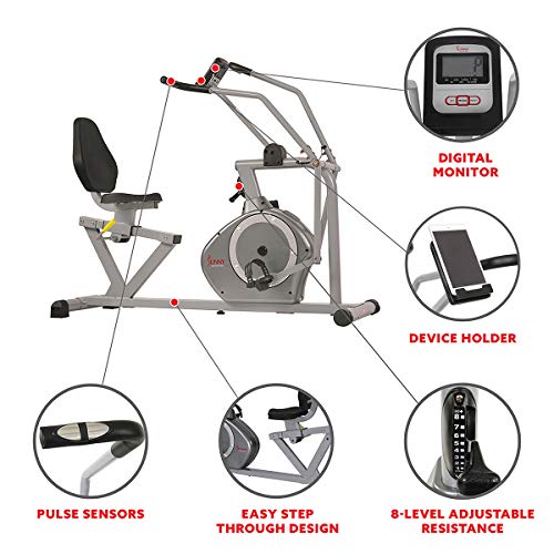 Sunny Health & Fitness Compact Performance Recumbent Bike with Dual Motion Arm Exercisers, Quick Adjust Seat & Exclusive SunnyFit® App Enhanced Bluetooth Connectivity - SF-RB420032 Gray