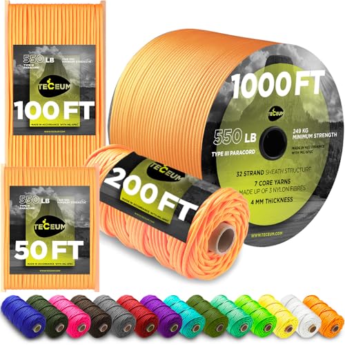 TECEUM Paracord Type III 550 Dark Grey – 50 ft – 4mm – Tactical Rope MIL-SPEC – Outdoor para Cord –Camping Hiking Fishing Gear and Equipment – EDC Parachute Cord – Strong Survival Rope 030