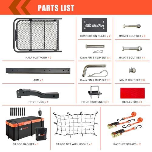 MeeFar Folding Hitch Mount Cargo Carrier Basket 60" X 20" X 6"+Waterproof Cargo Bag 16 Cubic Feet(58" 19" 24"),Hauling Weight Capacity of 500 Lbs and A Folding Arm.with Hitch Stabilizer,Net and Straps