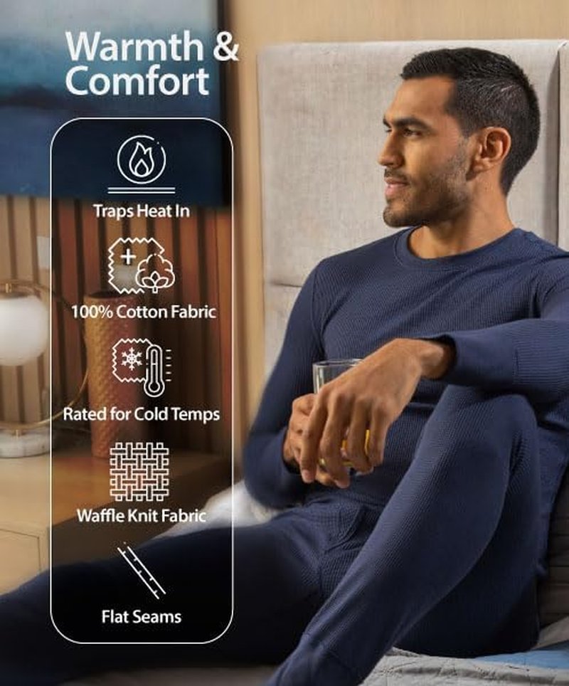 Men's Heavyweight Cotton Waffle Thermal Underwear Crew Top - Warm & Comfortable Fit