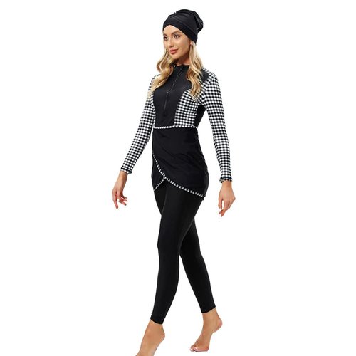 Womens Muslim Islamic Long Sleeves Burkini Swimsuits Swimwear Modest Hijab Burkini Top+Pants Rashguard Swimming Costume Bathing Suit Sport Beachwear Surfing Outfit for Girls Black+White Plaid 2XL