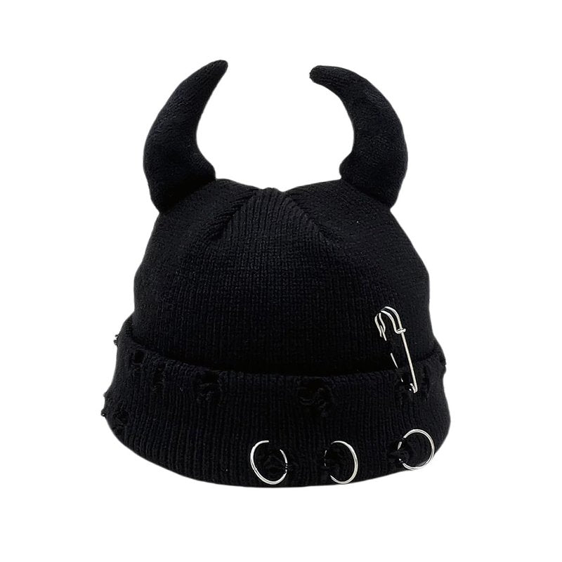 Gothic Devil Horn Knitted Beanies for Women Men Y2K Funny Crochet Skull Hat Warm Winter Cap Halloween Accessories (Black,One Size)