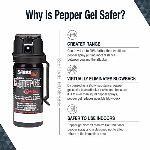 SABRE Crossfire Pepper Gel for Self Defense, Deploys At Any Angle, Maximizes Target Acquisition Against Threats, Easy Carry Belt Clip, Safety Flip Top, Max Police Strength OC Pepper Spray, 1.5 fl oz