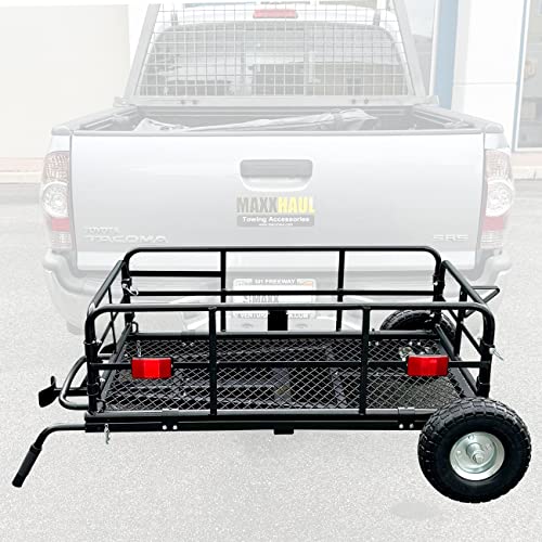 MaxxHaul 50243 Foldable Hitch N Roll Cargo Carrier Cart With Quick Detachable Basket Rack With 10 inch Flat Free Tires for Home Camp Travel Ranch SUV Up to 400 lb. Capacity