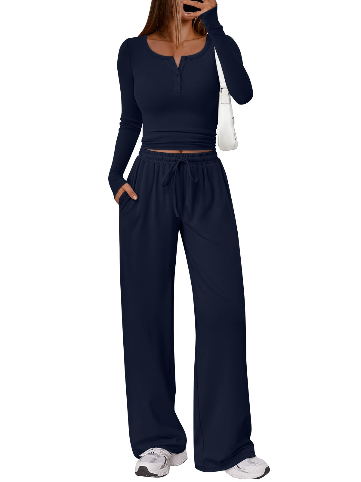 Trendy Queen Women's 2 Two Piece Matching Lounge Sets 2026 Airport Travel Fall Fashion Outfits Crop Top Wide Leg Pants Sweat Suits Workout Gym Y2k Clothes Casual Sweatsuit Loungewear Winter Clothing