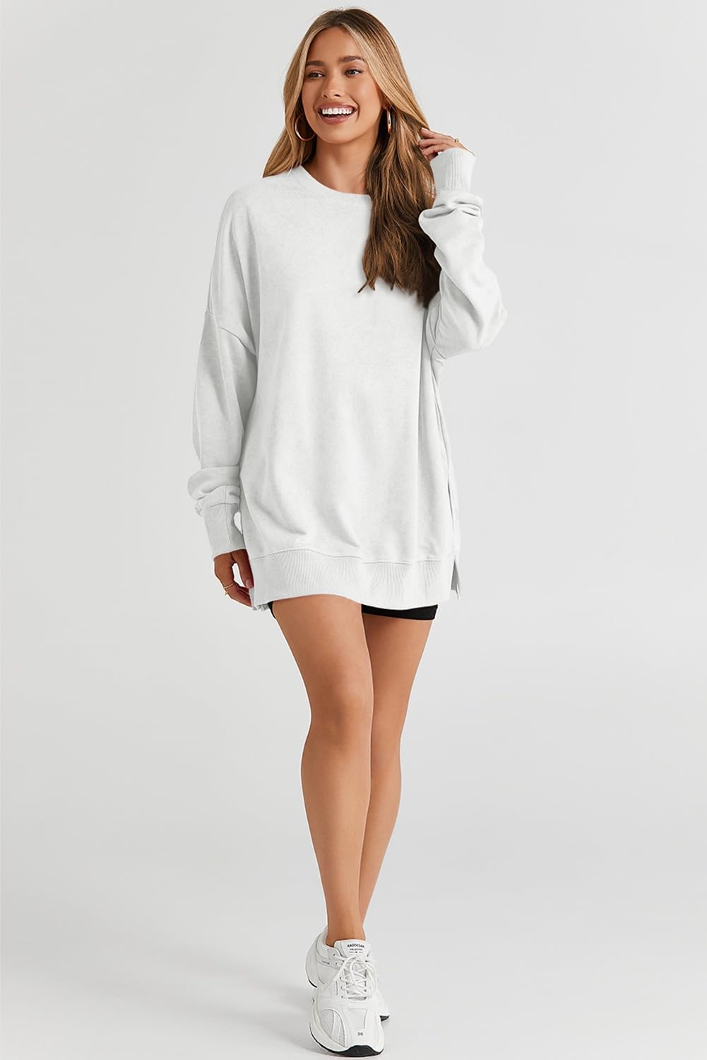 SHEWIN Women Fall Sweatshirt Oversized Pullover Tops White, Size M