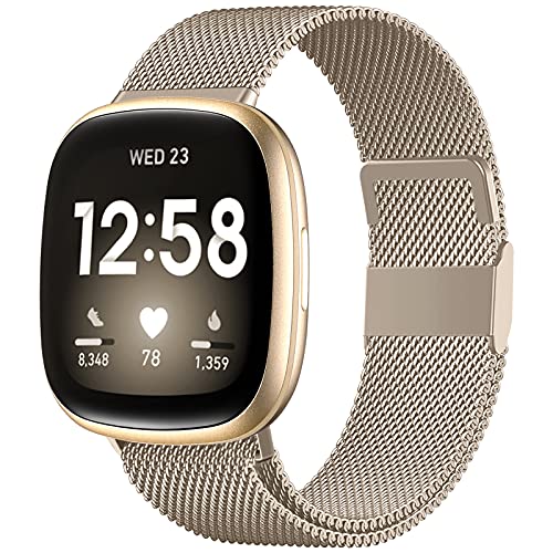 ZWGKKYGYH Bands Compatible with Fitbit Sense Versa 3 Versa 4 and Sense 2 Smartwatch Women Men, Stainless Steel Metal Mesh Magnetic Band Replacement , Small Champagne