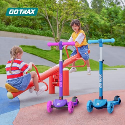 Gotrax KS1 Kids Kick Scooter, LED Lighted Wheels and 3 Adjustable Height Handlebars, Lean-to-Steer & Widen Anti-Slip Deck, 3 Wheel Scooter for Boys & Girls Ages 2-8 and up to 100 Lbs (Blue)