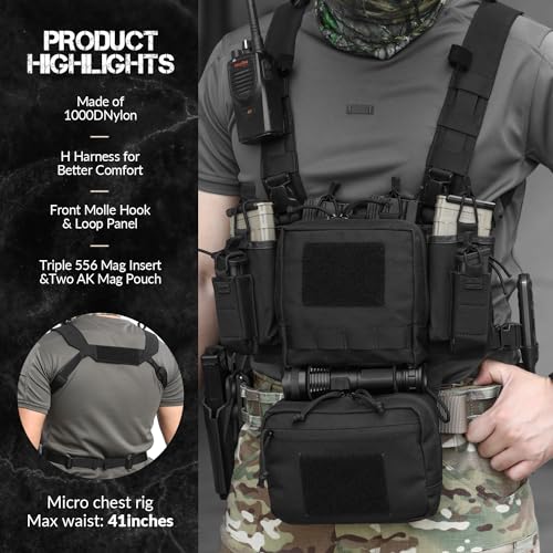 VOTAGOO GEAR Chest Rig-Tactical Chest Rig, Adjustable & Detachable Molle Micro Chest Rigs, with 5.56/7.62 Magazine Pouch, Pistol Pouch