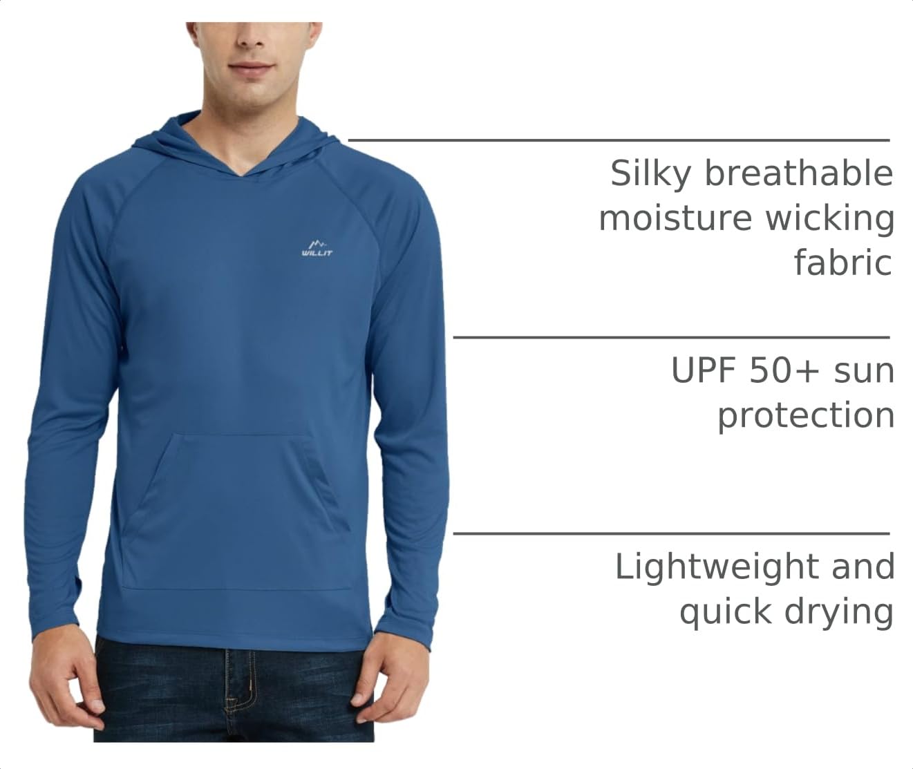 Willit Men's UPF 50+ Sun Protection Hoodie Shirt Long Sleeve Rash Guard Fishing SPF Outdoor UV Shirt Lightweight Pocket Ocean Blue L