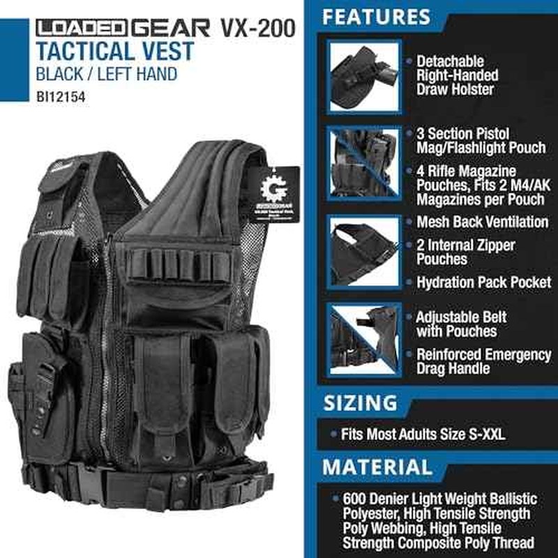 Barska Loaded Gear VX-200 Left Hand Tactical Vest with Holster, Belt, Pouches, and Pockets - for Airsoft, Paintball, and Hunting