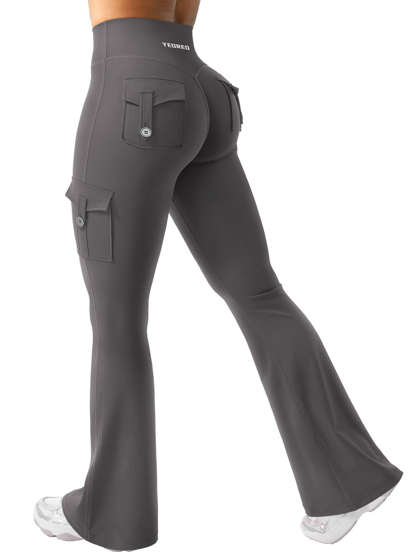 YEOREO CoreFlex Women Workout Flare Leggings with Pockets Hidden Scrunch Cargo Gym Yoga No Front Seam Leggings Dark Grey XL