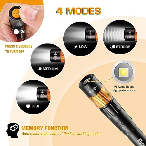 EverBrite Rechargeable Pen Light, 300 Lumens EDC Flashlight, Zoomable LED Pocket Flashlight with Clip, Memory Function and USB C Cable Included, for Camping, Emergency, Black