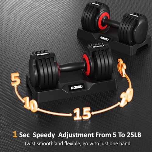 GOIMU Adjustable Dumbbell, 1-Sec Quick Adjust Dumbbells, 5-25LB and 11-55LB Single or Pair Dumbbell Weights, 5 in 1 Free Weight Dumbbell with Anti-Slip Handle, Perfect for Home Gym Exercise Equipment (25 pound pair)