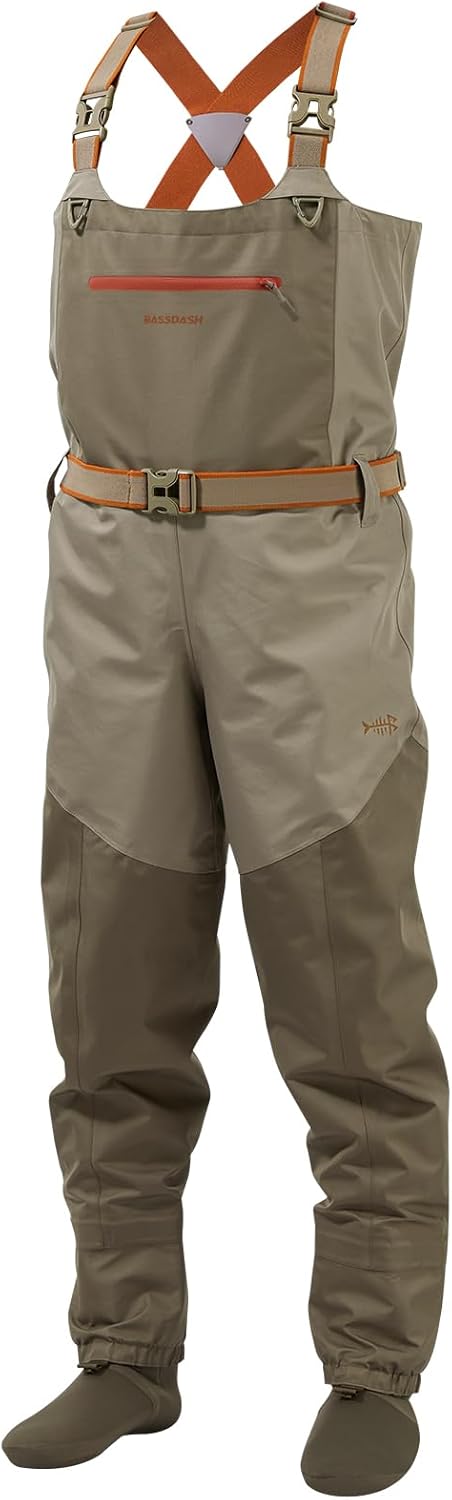 BASSDASH Men's Waterproof Breathable Fly Fishing Waders - Lightweight Chest Stocking Foot Design