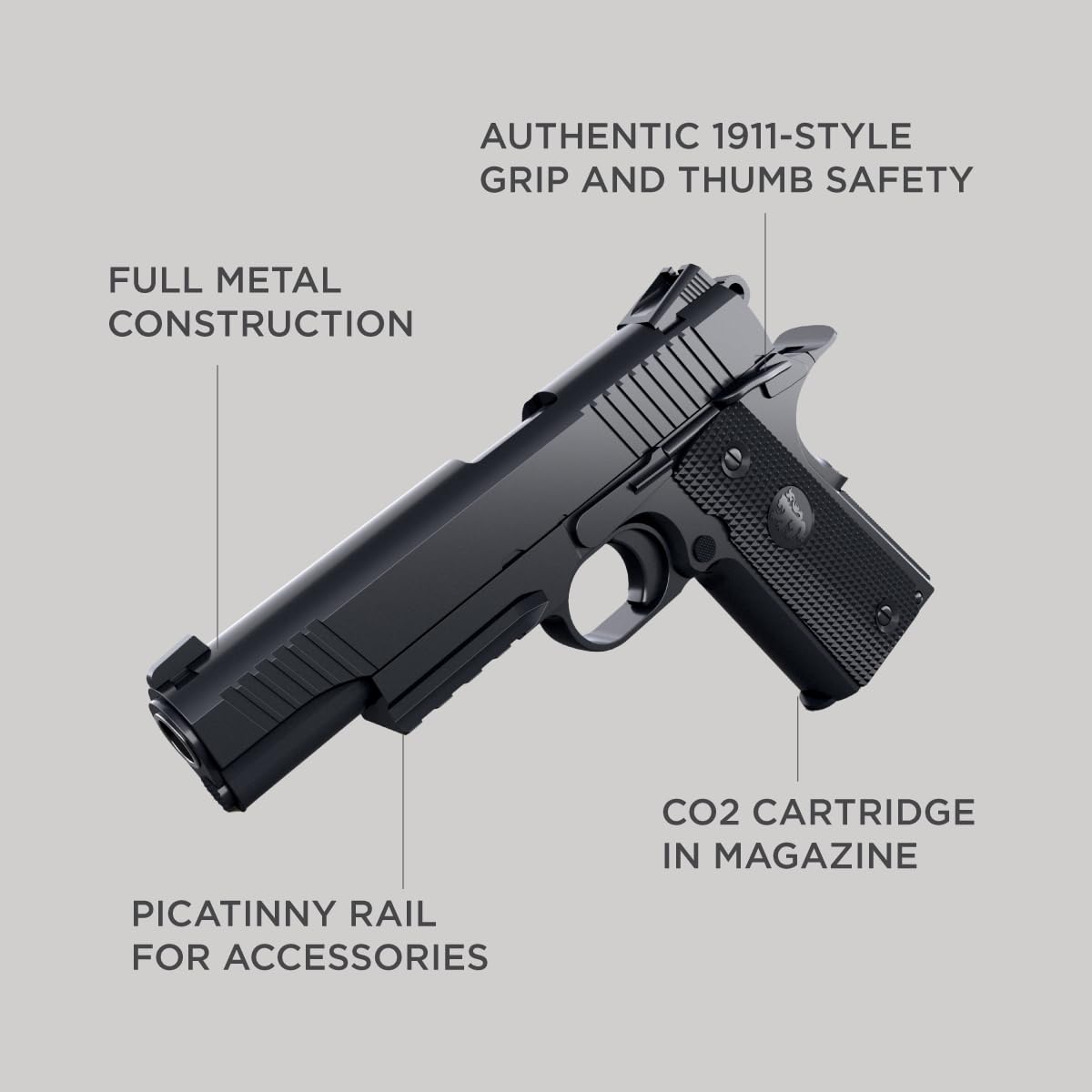 Barra Airguns 1911 Blowback BB Gun, Guns for Adults, Gas Blowback BB Pistols, CO2 Powered, .177 Caliber, 340 FPS, All Metal, Semi Auto Action, Black