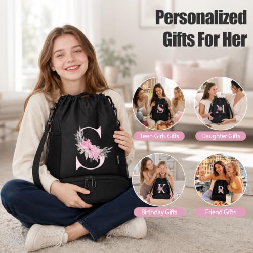 Vavabox Initial Drawstring Backpack with Shoe Compartment for Girls (S) - Black