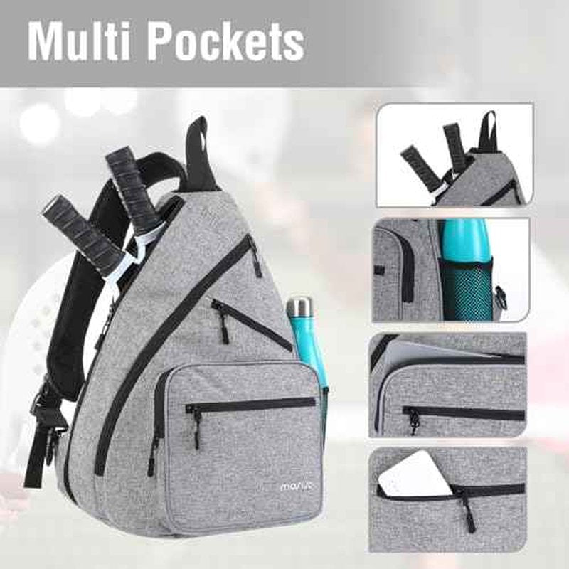 MOSISO Pickleball Bag for Women Men, Pickleball Backpack Sports Pickle Ball Paddle Daypack with 3 Front Pockets, Crossbody Sling Bag for Paddle Tennis Racket, Gray