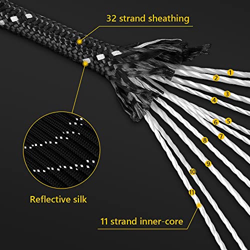 750Ib Reflective Paracord Rope,100',4mm 11 Strand Parachute Spool Cord with Collecting Bag, para Cord Lanyard for Clothsline, Hammock, Camping, Hiking and Survival