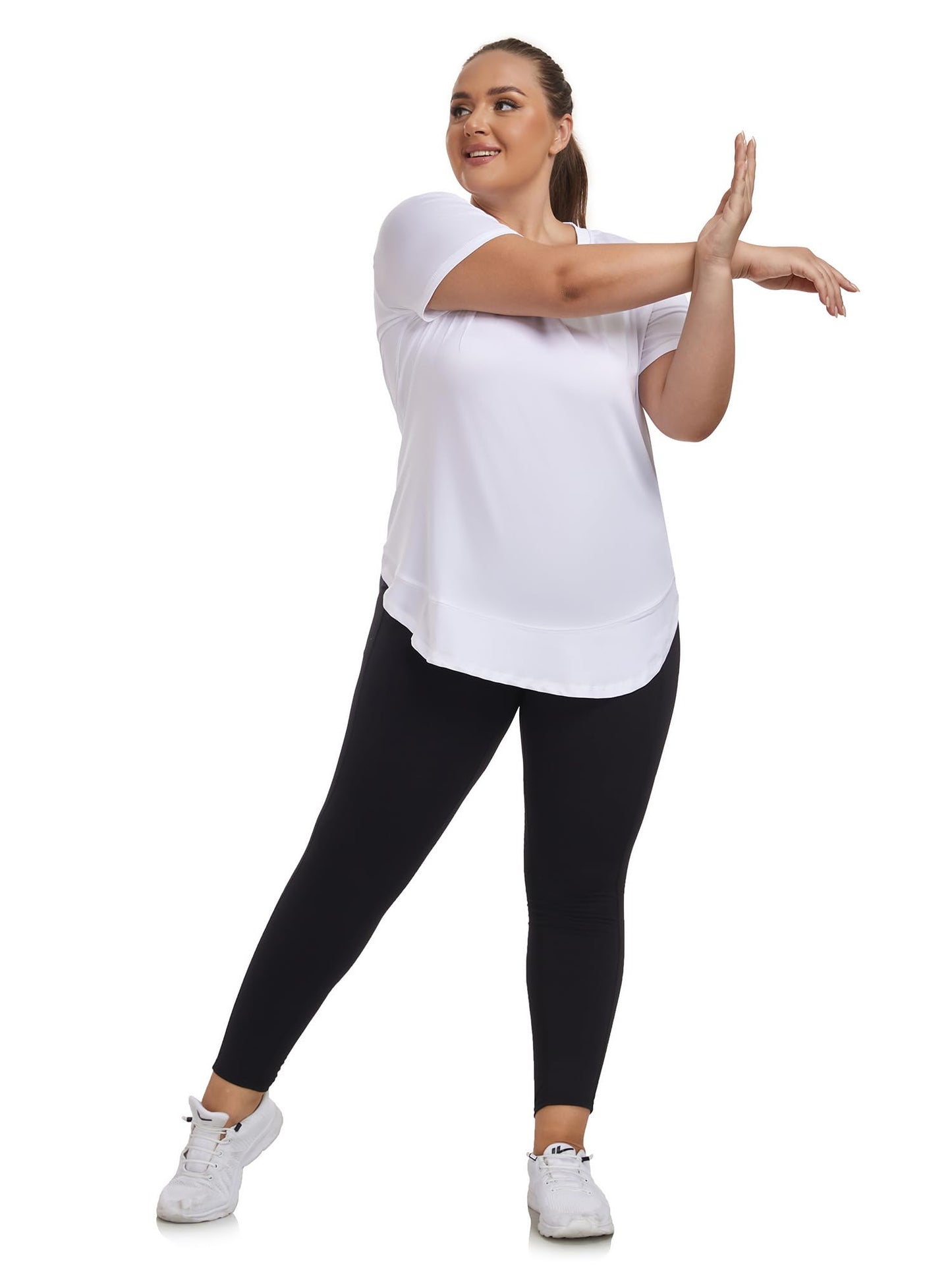 Abrooical Plus Size Women's Fitness Short Sleeve Top Crew Neck Loose Sportswear Sports Fitness Yoga Clothing White X-Large