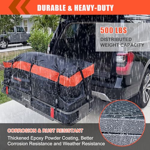 MeeFar Folding Hitch Mount Cargo Carrier Basket 60" X 20" X 6"+Waterproof Cargo Bag 16 Cubic Feet(58" 19" 24"),Hauling Weight Capacity of 500 Lbs and A Folding Arm.with Hitch Stabilizer,Net and Straps