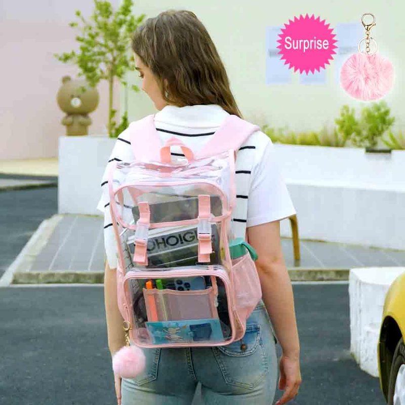 FTJCF 3PCS Pink Clear Backpack, Heavy Duty Transparent Bookbag for Women Girls, Stadium Approved See Through Backpack Set (Pink)