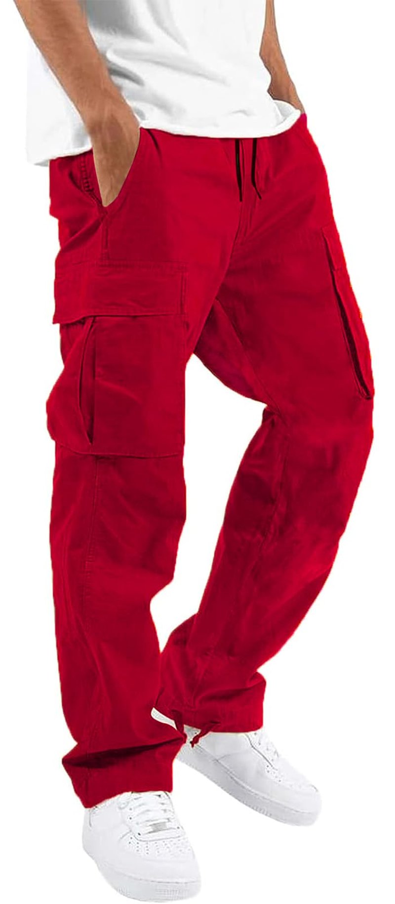 Mens Casual Joggers Pants Hiking Drawstring Chino Cargo Pants Lightweight Outdoor Twill Track Jogging Sweatpants Cotton Loose Straight Leg Pants (Red 32)