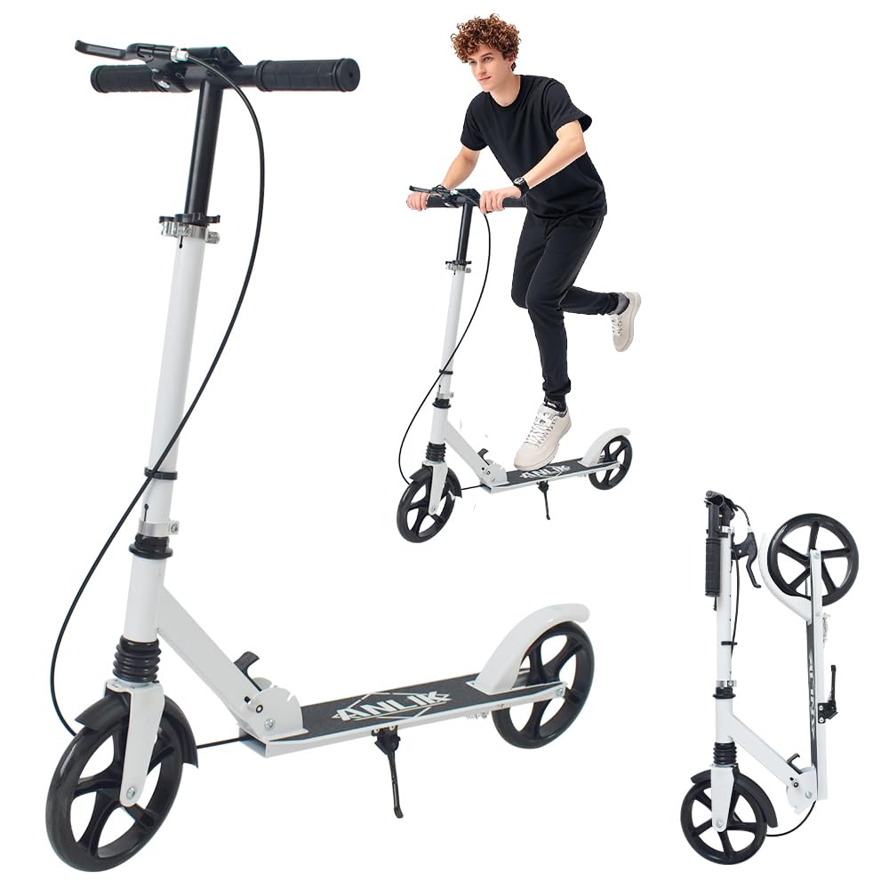 ANLIK Kick Scooter for Ages 6+ Kids, Teens & Adults - Foldable, Non-Slip PU Wheels, 4 Adjustable Levels, Max Load 330 LBS, Smooth Ride Everywhere (White)