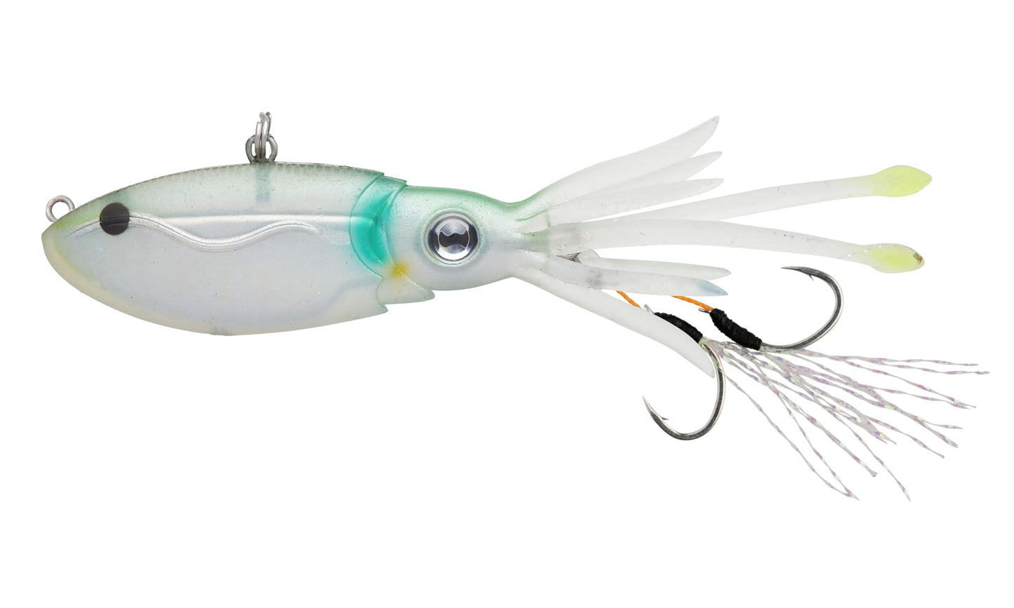 Nomad Design Squidtrex Patented Vibrating Fishing Lure- Scent Added TPE Soft Plastic Lure for Saltwater w/Strong BKK Assist Hooks, Fishing Bait that Catches Many Species- 55mm, 1/6oz Holo Ghost Shad