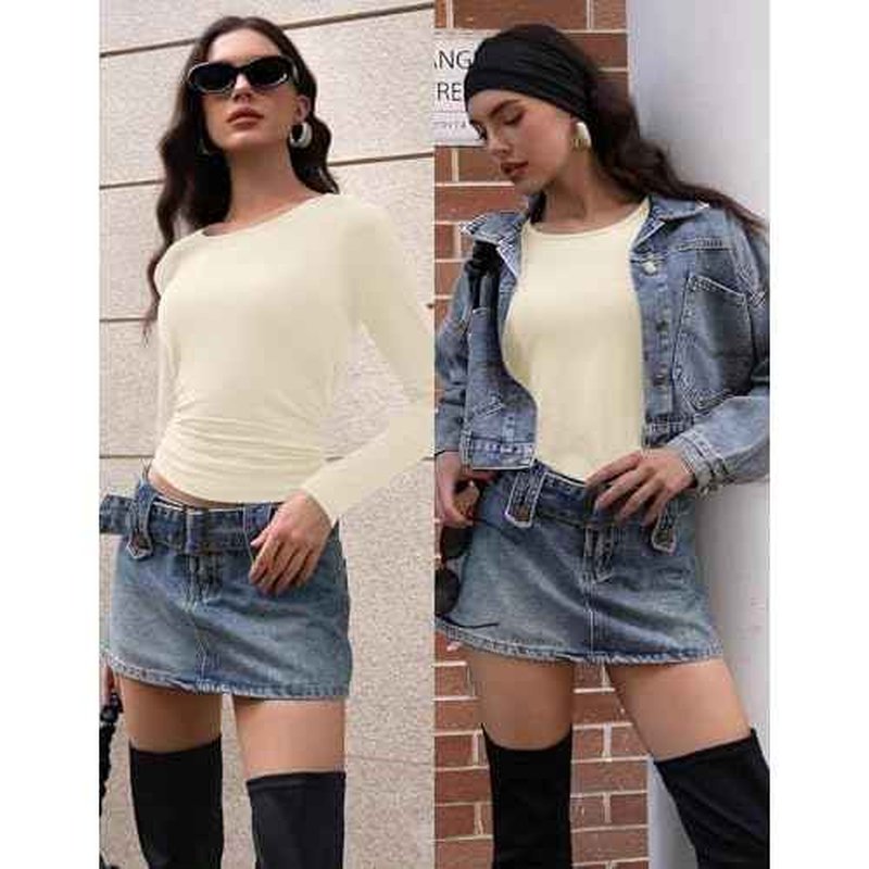 Ekouaer Long Sleeve Shirts for Women 3 Pack Scoop Neck Fitted Tops Thermal Undershirt Stretch Base Layer Soft Tee XS-XXL