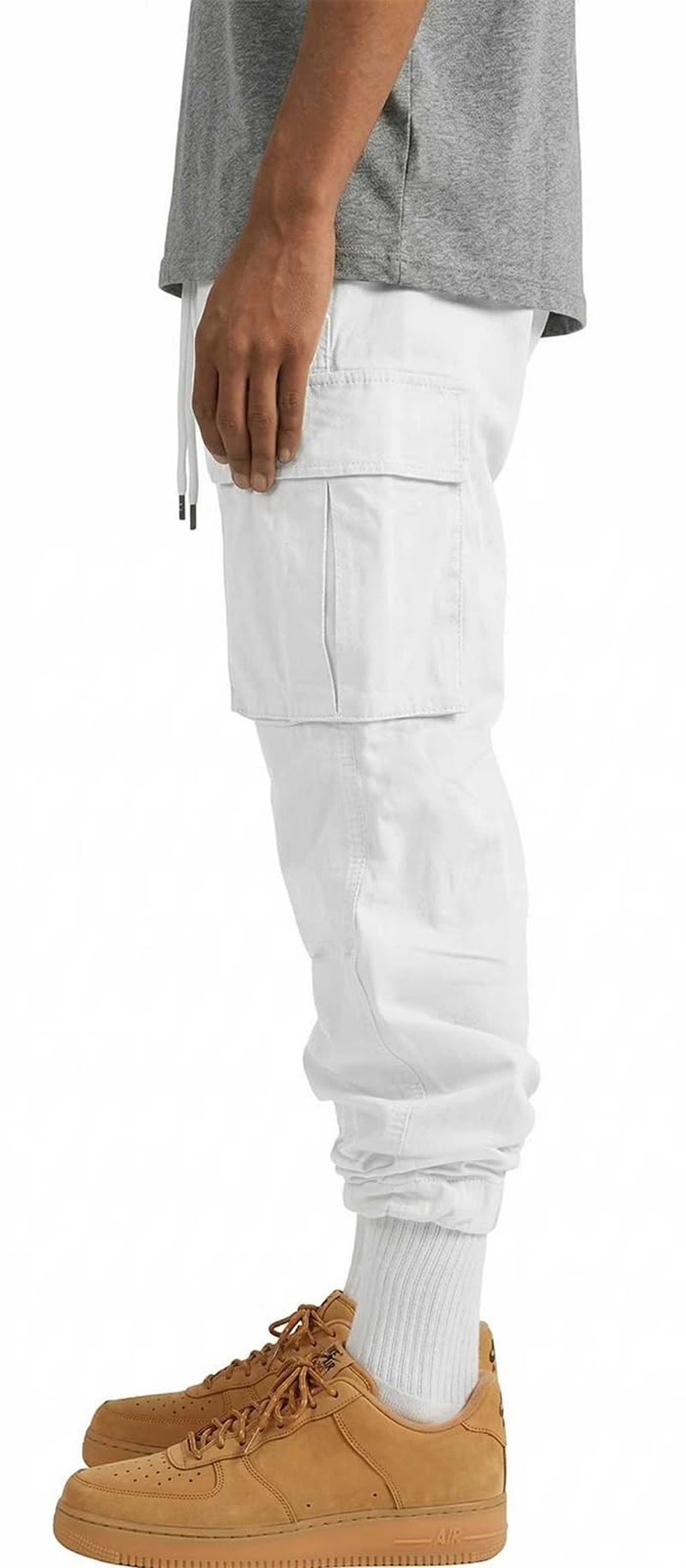 HUNGSON Mens Cargo Pants Drawstring Casual Hiking Pants Joggers Athletic Trousers Cotton Loose Straight Sweatpants for Men White