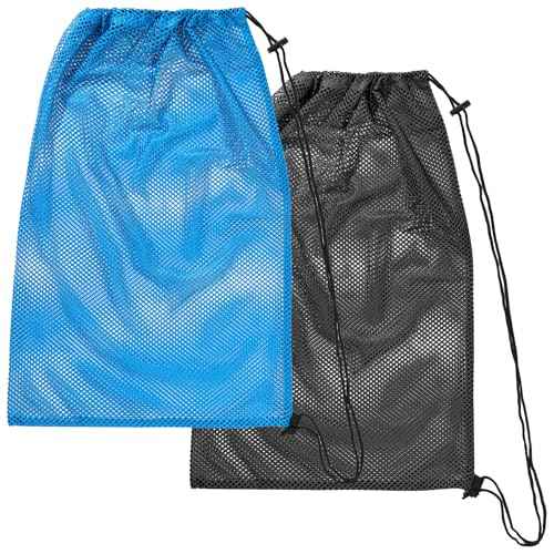 2 pcs Mesh Bag Oversized, 19" x 27" Mesh Snorkel Gear Bags, Large Drawstring Net Bag for Diving Snorkeling, Fins, Swimming Gear, Beach and Sports Equipment Balls Collect(Black & Blue)
