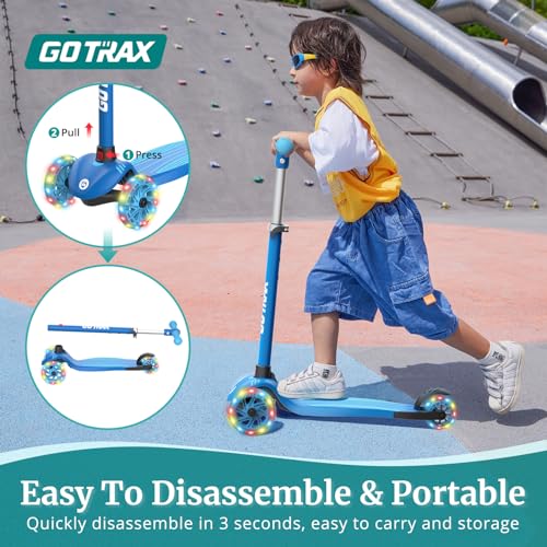 Gotrax KS1 Kids Kick Scooter, LED Lighted Wheels and 3 Adjustable Height Handlebars, Lean-to-Steer & Widen Anti-Slip Deck, 3 Wheel Scooter for Boys & Girls Ages 2-8 and up to 100 Lbs (Blue)