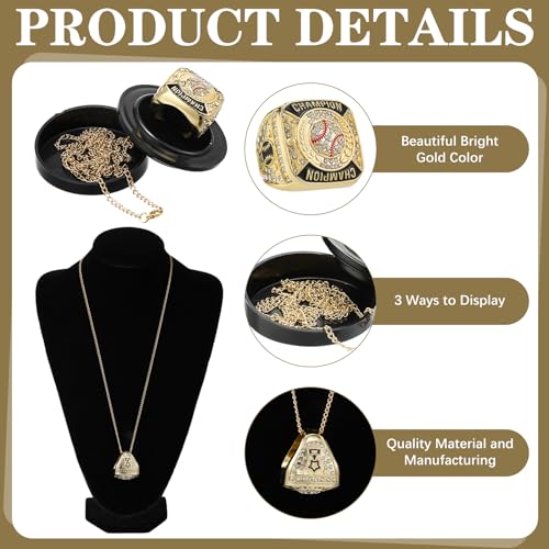 Landical 12 Pcs Baseball Championship Ring Baseball Champion Rings Softball Trophy Award Gift with Display Neck Chain and Stand for Tournament or League Baseball Champion Winner(Gold, 12 Pcs)