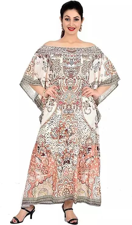 ANJANIYA Kimono Maxi Dress Floral Long Kaftan Plus Size Caftan Gown Nightdress Kimono Women (Beige)