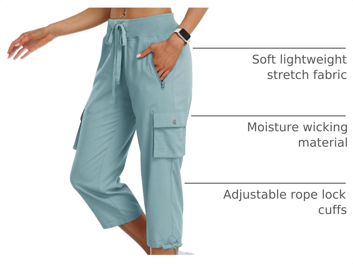 MoFiz Womes Capris Summer Cargo Hiking Pants Lightweight Quick Dry Running Athletic Shorts Casual Outdoor Zipper Pockets Dusty Blue XL