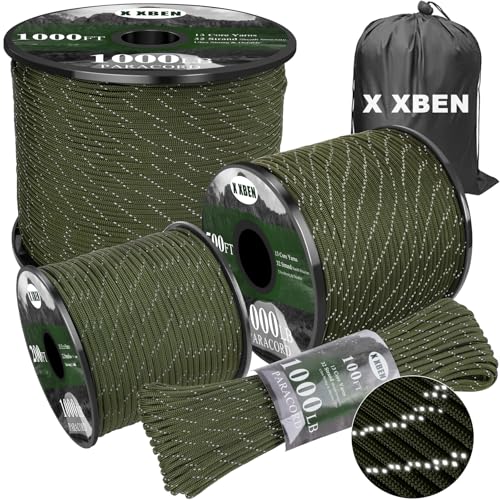 X XBEN 1000lb Reflective Paracord, 50/100/200/500/1000ft 4mm, 13 Strand Parachute Spool Cord, Heavy Duty Paracord Rope for Camping, Fishing, Hiking, Hunting, DIY Crafts