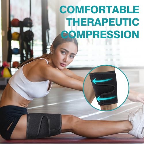 Thigh Brace, Hamstring Quadriceps Support and Thigh Wraps, Adjustable Compression Sleeve Support for Pulled Groin Muscle, Sprains, Tendonitis, Sciatica Pain and Sports Recovery for Men and Women