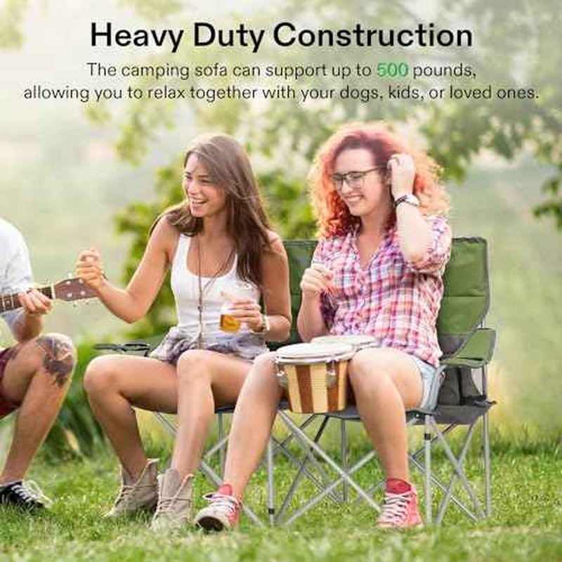 [outlets]VIVOSUN Double Camping Chair, Fully Padded Folding Loveseat, Portable Oversized Duo Chair with Storage Cup Holders, Height-adjustable Armrests & Carry Bag, Supports up to 500lbs, Green & Grey