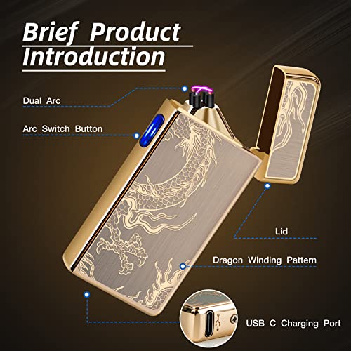 LcFun Electric Lighters Rechargeable USB Lighter, Plasma Dual Arc Lighter, Windproof Flameless Cool Lighters for Candles, Incense Stick, Outdoor Camping (Gold Dragon)