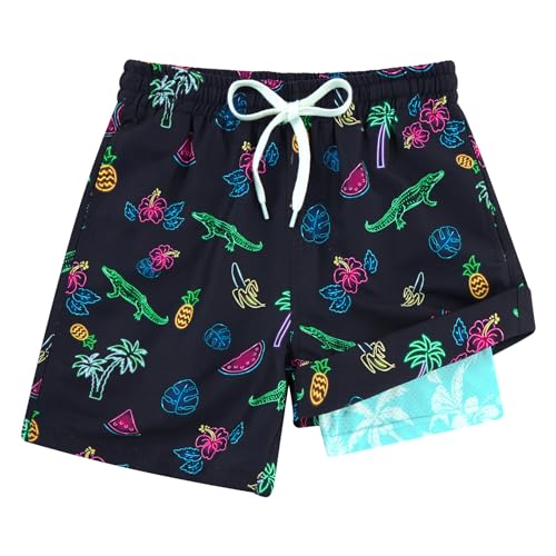 Cozople Teen Boys Swim Trunks with Compression Liner Novelty Crocodile Graphic Bathing Suit Swimwear Stretchy No Chafe Swimming Beach Board Shorts for Casual Swimwear Size 14-16 with Pockets